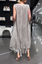 Women Round Neck Irregular Long Top+ Wide Leg Pants Loose Casual Suit