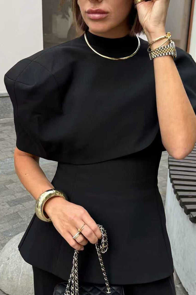 Womens Round Neck Splicing Top + Pants Solid Color Temperament Casual Suit