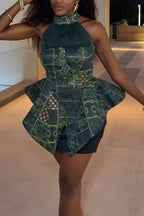 Women Neck Hanging Printed Irregular Top+ Half Skirt Elegant Temperament Set