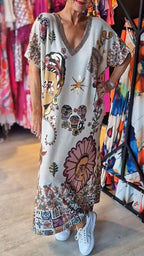 Women's V-neck Gold-stamped Loose Dress