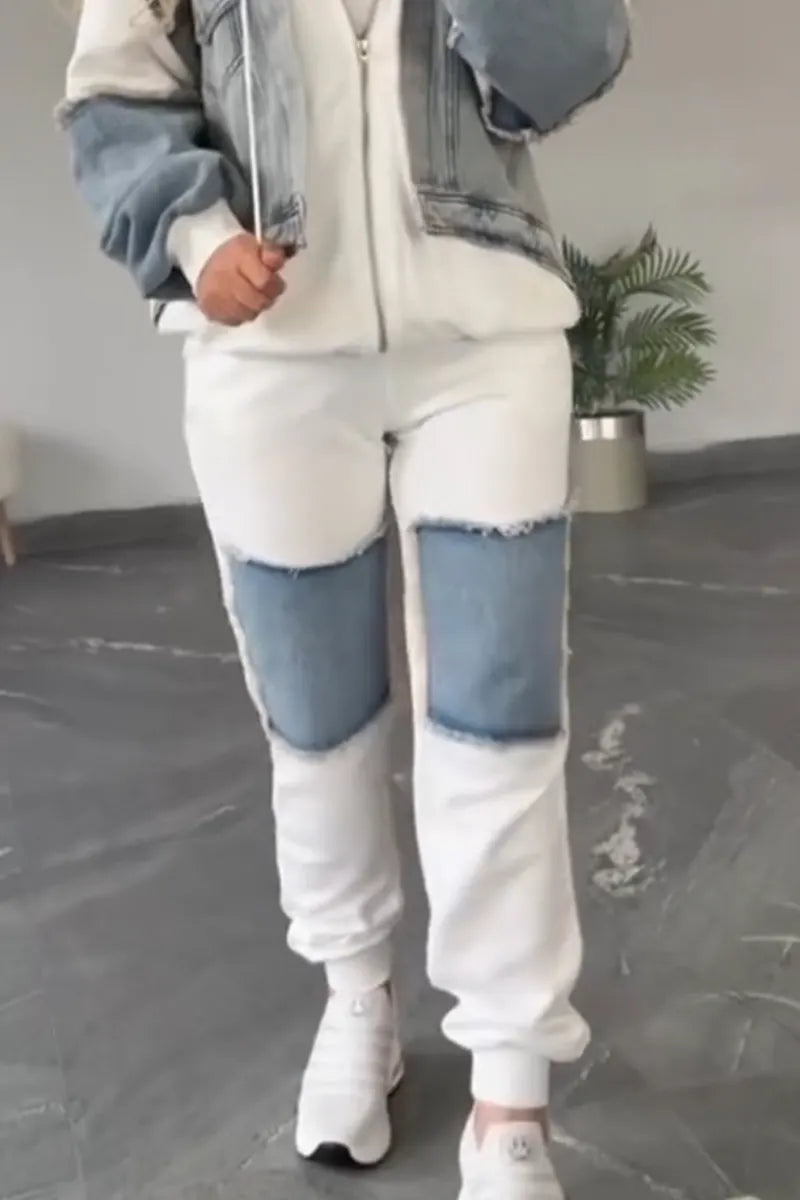 Women Collared Patchwork Denim Casual Suit