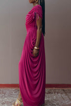Women's Elegant Pleated Slim Fit Maxi Dress