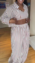 Women Collar Vertical Stripe Casual Three Piece Set