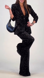 Women Laple Collar Jacket+ Pants with Sequins and Fine Glitter Temperament Leisure Suit