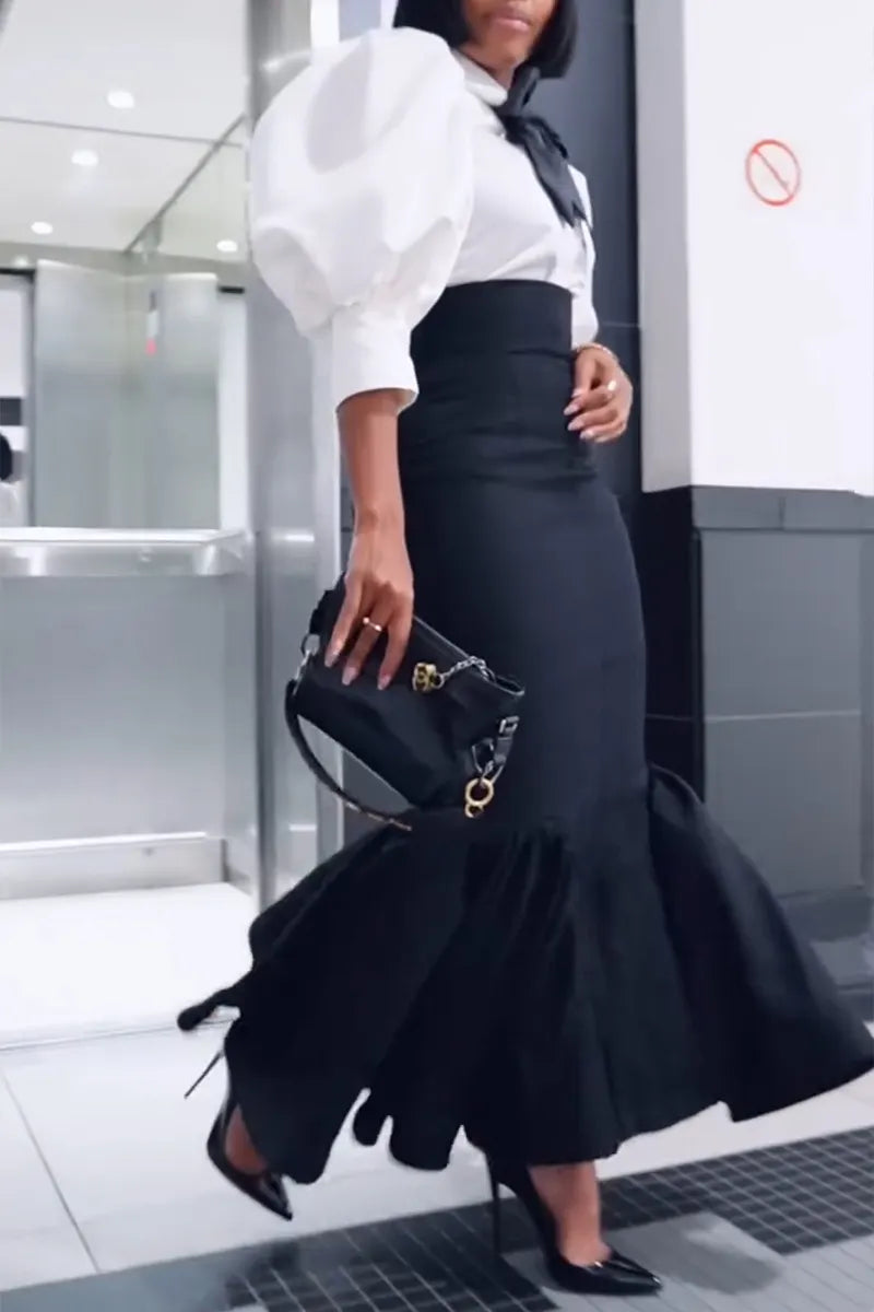 Women's Elegant Puff Sleeve Shirts & High Waist Fishtail Skirt