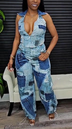 Women Collared Top and Pants Casual Patched Denim Outfit