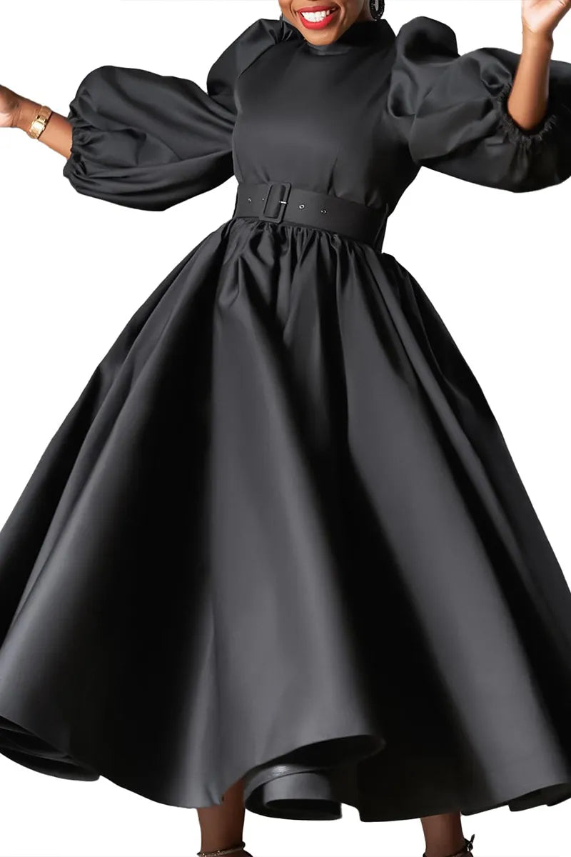 Women's Color Large Puff Sleeve Midi Dress Dresses