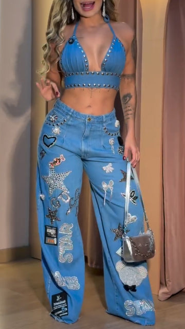 Women Neck Hanging Nail Bead Top+ Printed Spicy Girl Casual Denim Suit