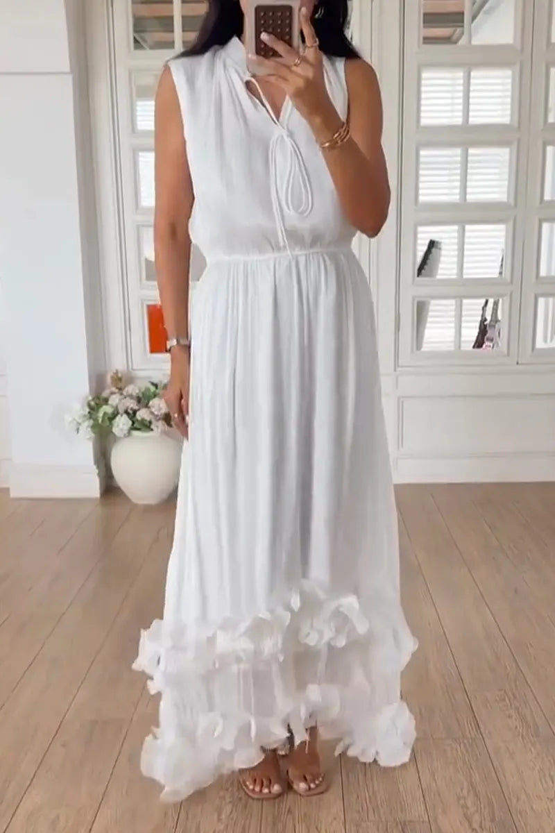 Women V-neck Sleeveless Patchwork Waist Cinching Elegant Temperament Dress