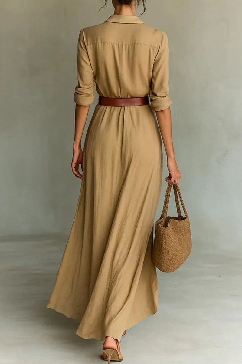 Women's Collared Long Sleeved Commuter Dress（Belts Are Not For Sale）