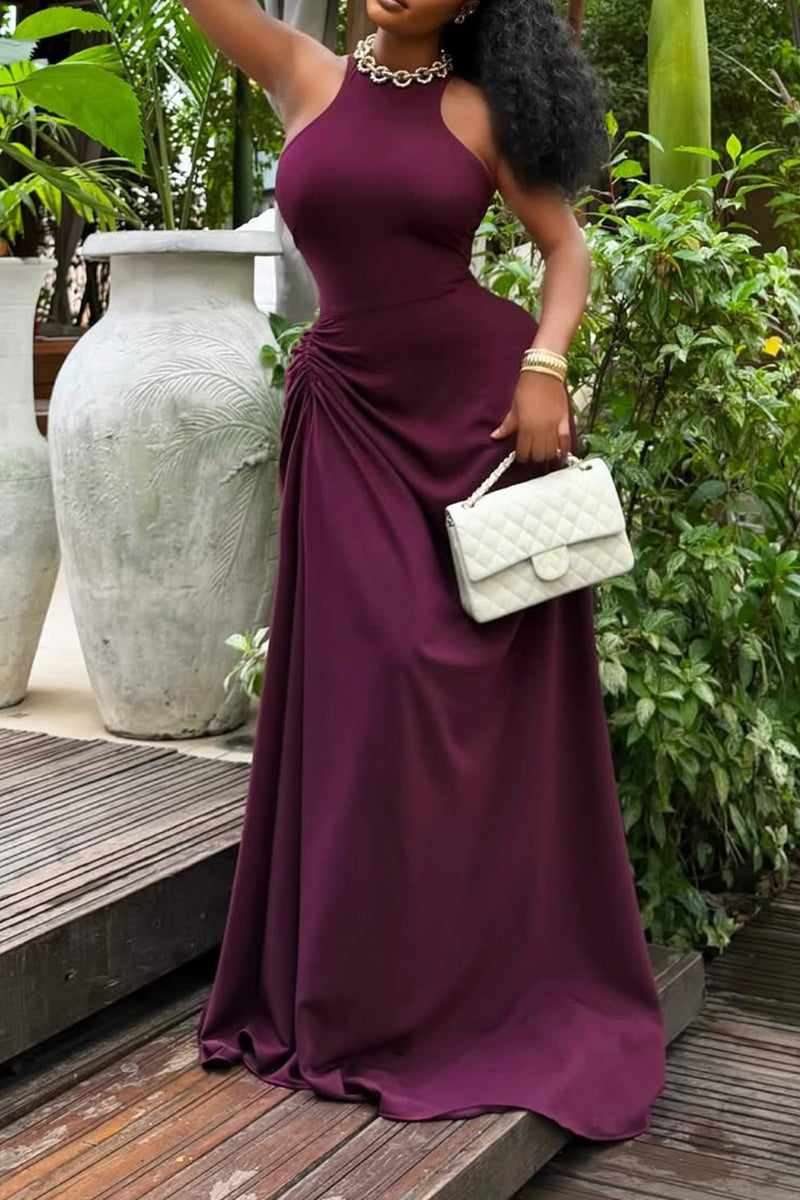 Women Round Neck Sleeveless Waist Cinched Elegant Temperament Dinner Style Dress