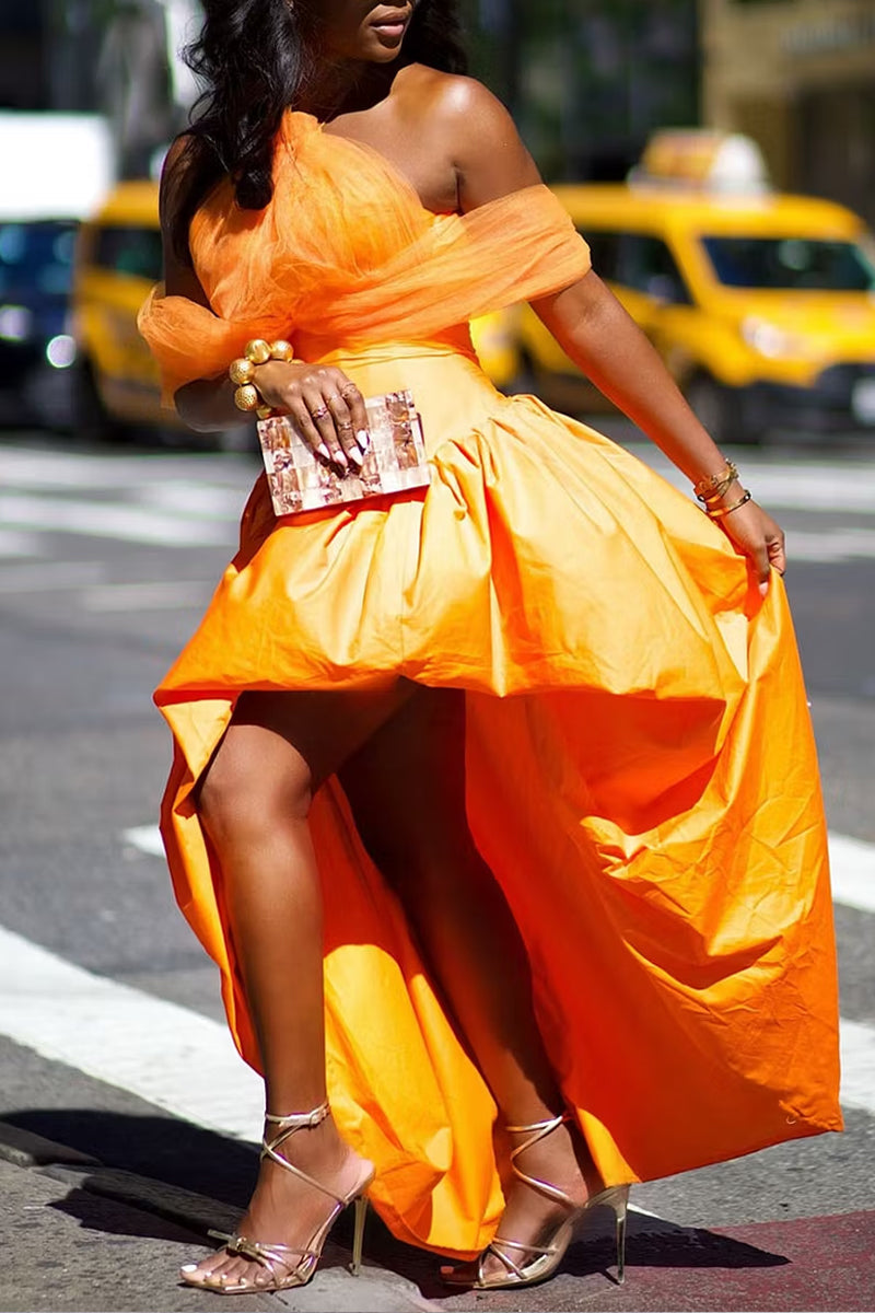 Women's Halter Neck Tulle & Satin Asymmetrical Dress with Off-Shoulder Detail