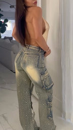 Women Neck Hanging Top+ Rhinestone Spliced Jeans Sexy Temperament Set