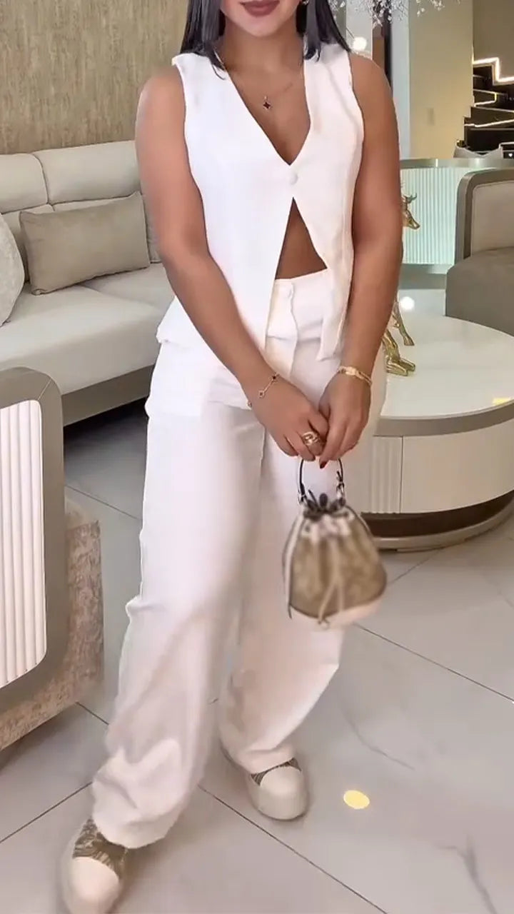 Womens V-neck Back Hollow Top + Pants Casual Suit