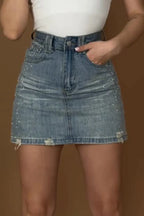 Women's High Waisted Rhinestone Embellished Denim Skirt with Frayed Edge