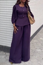 Womens U-neck Waist Cinched Top+ Wide Leg Pants Elegant Temperament Formal Suit
