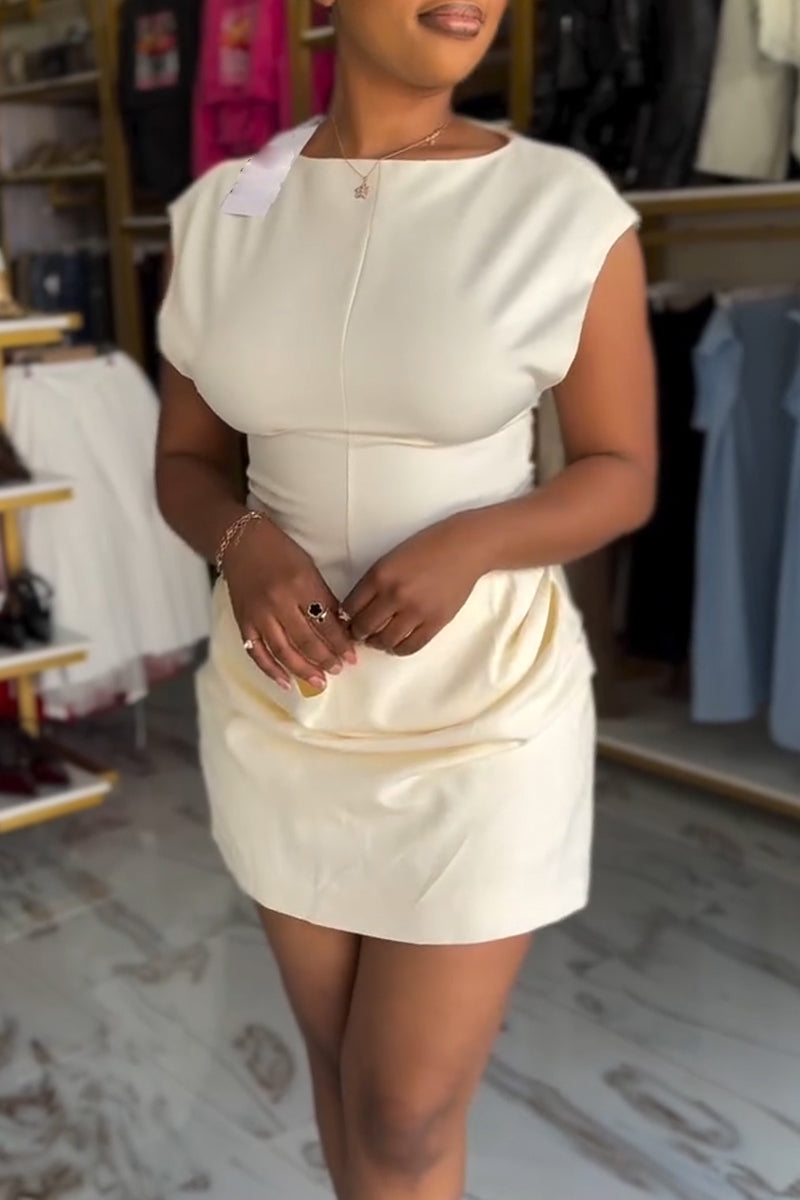 Women Round Neck Fitted Waist Solid Color Elegant Casual Dress
