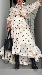 Womens Round Neck Polka Dot Top+ Patchwork Skirt Elegant Temperament Set