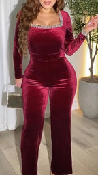 Womens Square Neck Hot Pressed Diamond Slim Velvet Temperament Casual Jumpsuit