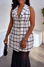 Women's Elegant Lapel Check Vest Mesh Skirt Set