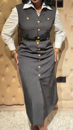 Women V-neck Sleeveless Breasted Vertical Stripe Elegant Temperament Dress