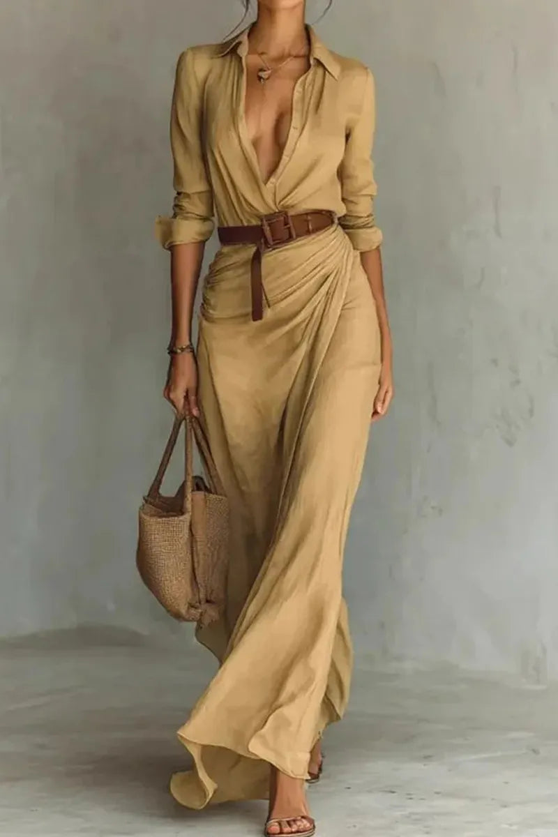 Women's Collared Long Sleeved Commuter Dress（Belts Are Not For Sale）
