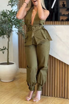 Women Neck and Waist Cinching Top+ Pants Casual Suit