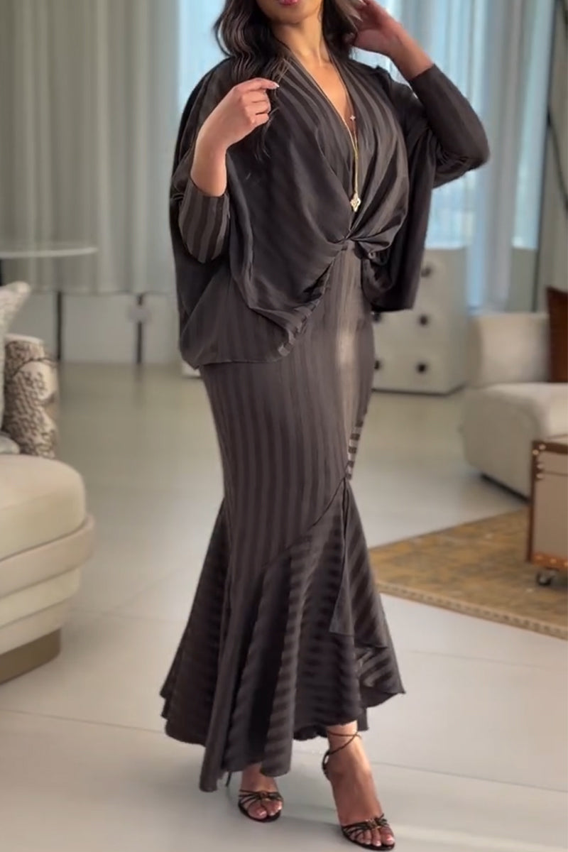 Women V-neck Vertical Stripe Top + Hip Hugging Half Skirt Elegant Temperament Set