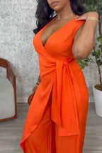 Women's Casual V Neck Layered Tie Wide Leg Jumpsuit