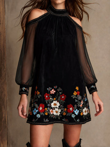 Boho Velvet Floral Embroidery Cold Shoulder Mini Dress With Sheer Sleeve