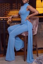 Women's Form-Fitting Blue Jumpsuit with Ruched Waist and Flowing Sash Detail