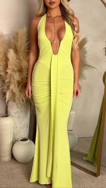 Women Neck Hanging Deep V-neck Solid Color Sexy Casual Dress