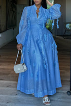 Women's Elegant Mesh Button Front Puff Sleeve Maxi Dress