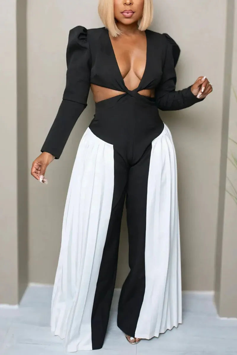 Women's Deep V Neck Twist Waist Cutout Pleated Side Wide Leg Jumpsuit