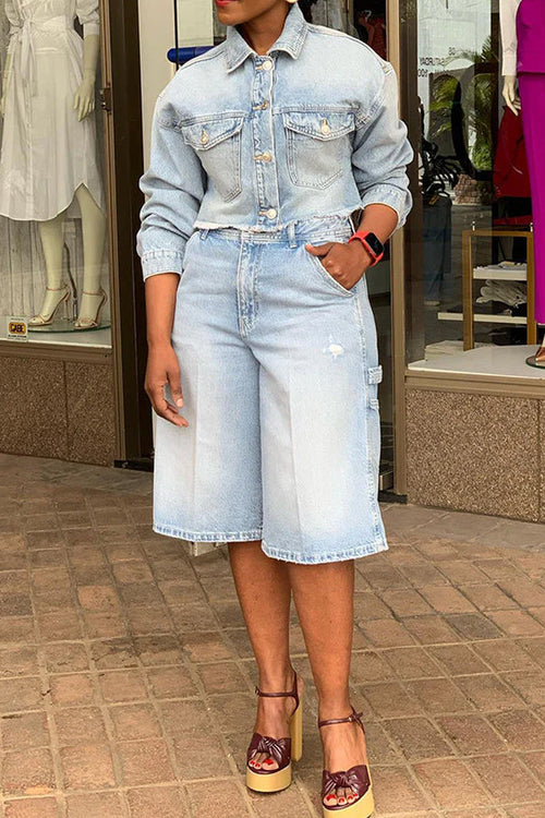 Ladies' Casual Denim Light Washed Top And Shorts