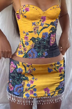 Women Suspender Printed Top+ Patchwork Tassel Half Skirt Elegant Temperament Set