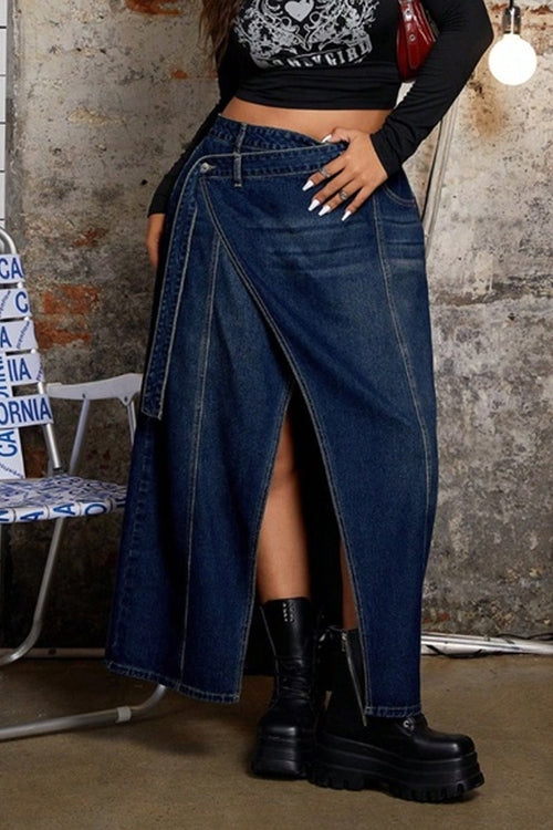 Ladies' Casual Dark Washed High Waisted Lace Up Denim Skirt, Long Skirt