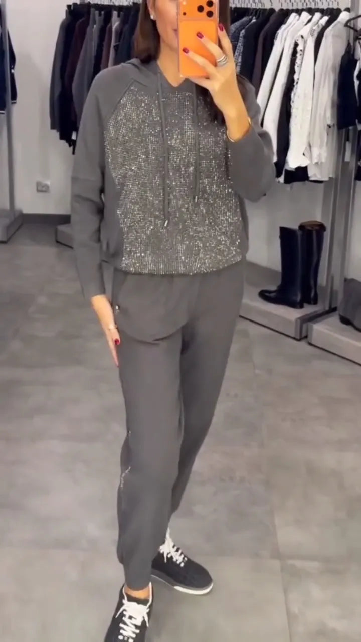 Womens Round Neck Hooded Drawstring Rhinestone Hoodie + Pants Casual Set