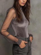 Velvet Mesh Panel High-Neck Top – Graphite Grey