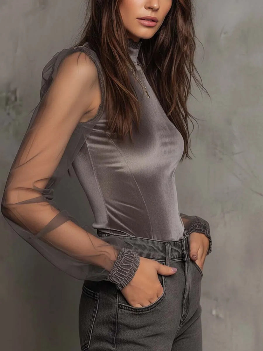 Velvet Mesh Panel High-Neck Top – Graphite Grey