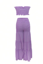 Women's Frill Edge Strapless Full Smocked Crop Tube Top Or High Waist Shirred Waist Tiered Ruffle Flowy Wide Leg Pants