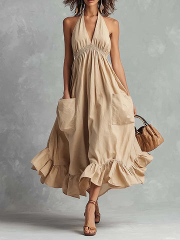Boho Halter Cotton Elastic Waist Pocket Ruffle Hem Midi Dress