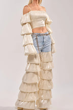 Women's Strappy Tulip Hem Crop Top Or Denim Paneled Tulip Hem Wide Leg Trousers