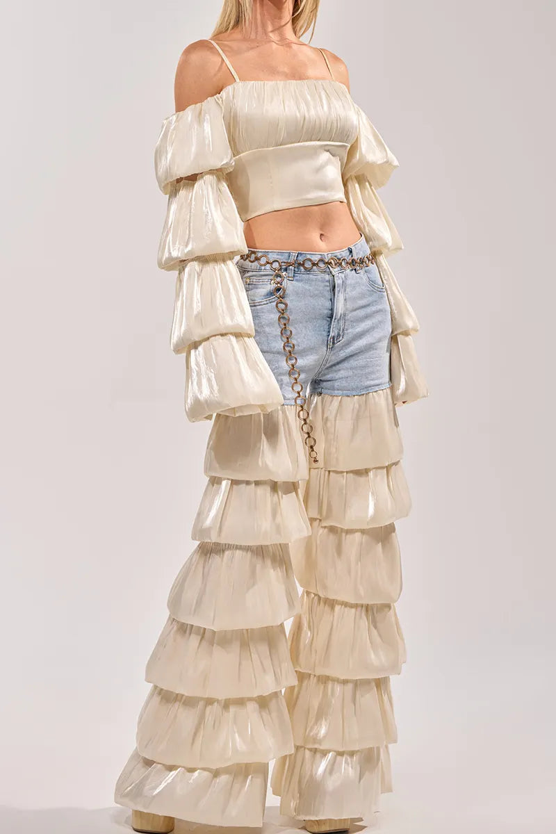 Women's Strappy Tulip Hem Crop Top Or Denim Paneled Tulip Hem Wide Leg Trousers