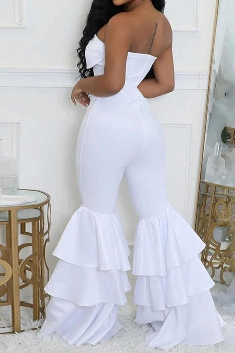 Women's White Strapless Bow Front Tiered Ruffle Flare Leg Jumpsuit