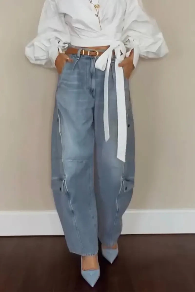 Women Casual Lantern Sleeve Lapel Shirt or Washed Water Spliced Jeans