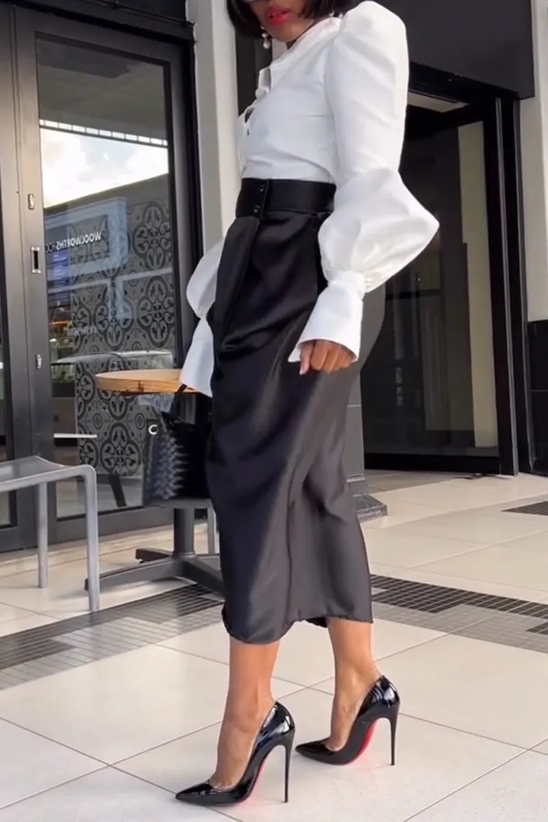 Women's Elegant Lantern Sleeve Shirts & High Waist Pleated Skirt