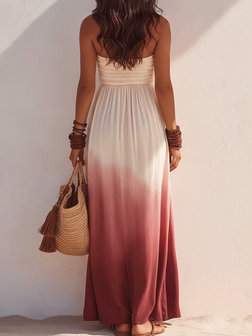 Effortless Boho Strapless Ombre Smocked Flowy Maxi Dress