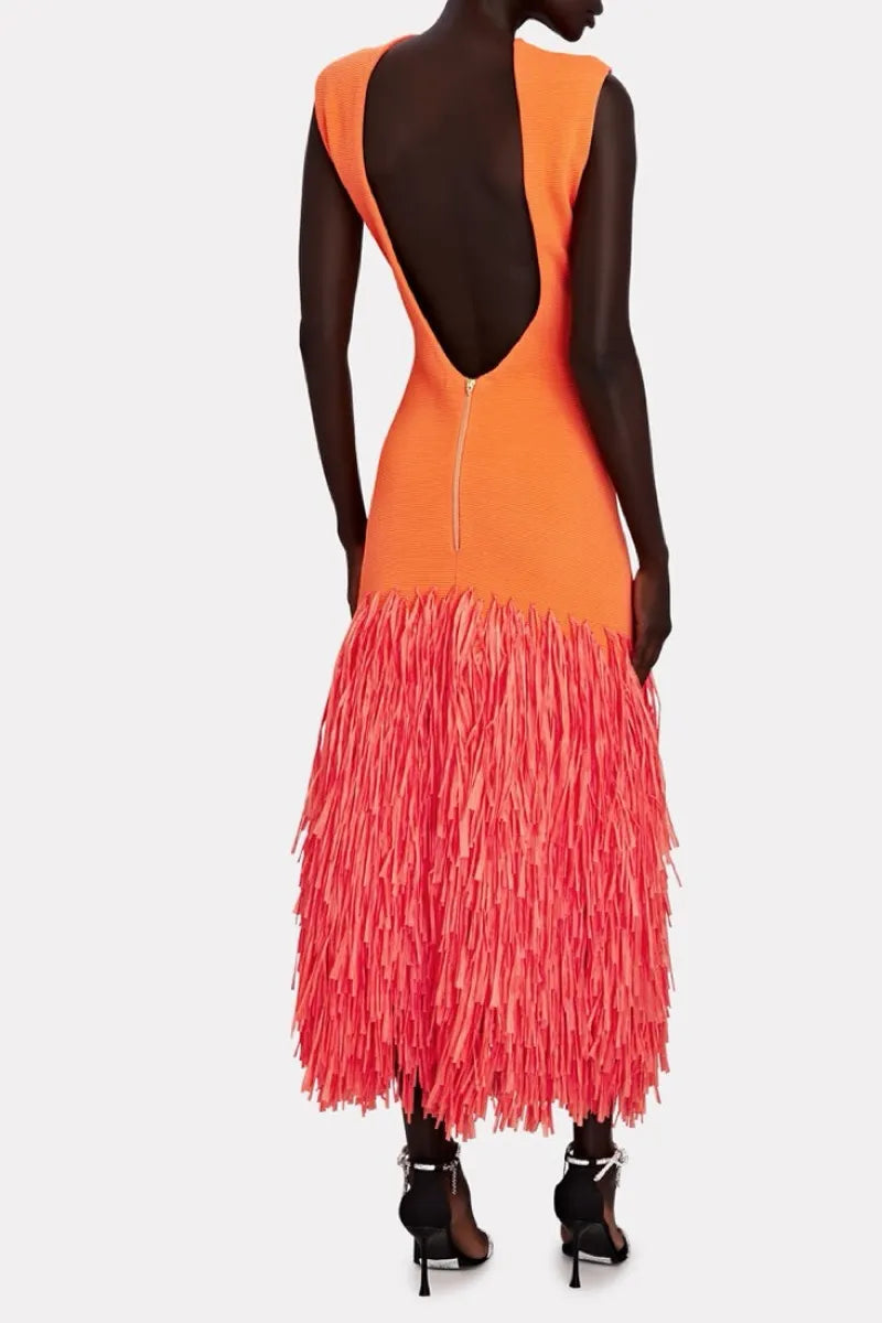 Women's Cocktail Dress with Solid Color Top & Feather Trim Skirt
