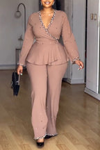 Women's Elegant V-Neck Beaded Flounce Shirts & Pants